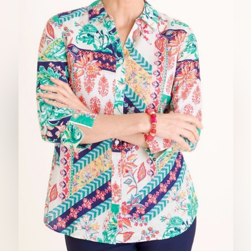 Chico's No-Iron Linen Patchwork Print Button Up Shirt Size 3 US 16 Boho Floral